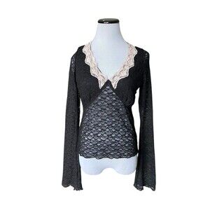 Womens Sheer Lace Bell Sleeve Top Size‎ XL Black Romantic Goth Dark Coquette Y2K